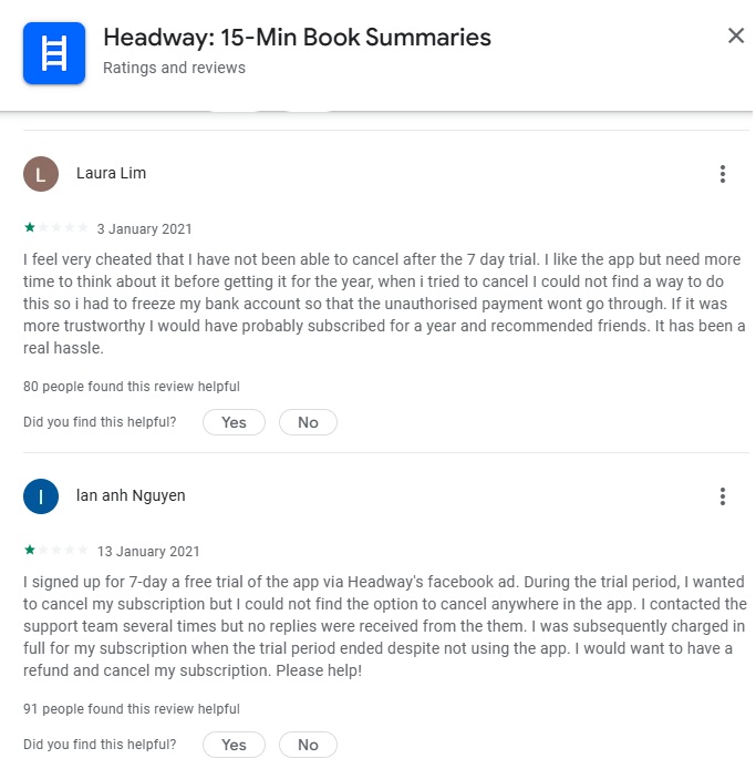 User review complaining about difficulty cancelling the Headway free trial and being charged for a yearly subscription.