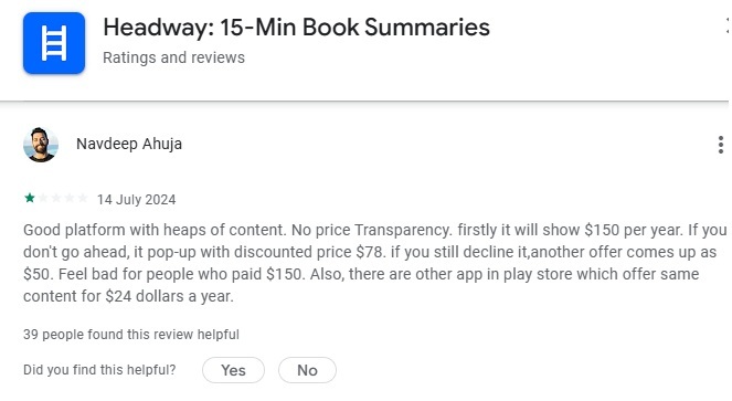 User review describing price shown as $150 per year with aggressive discount popups down to $78 and then $50.