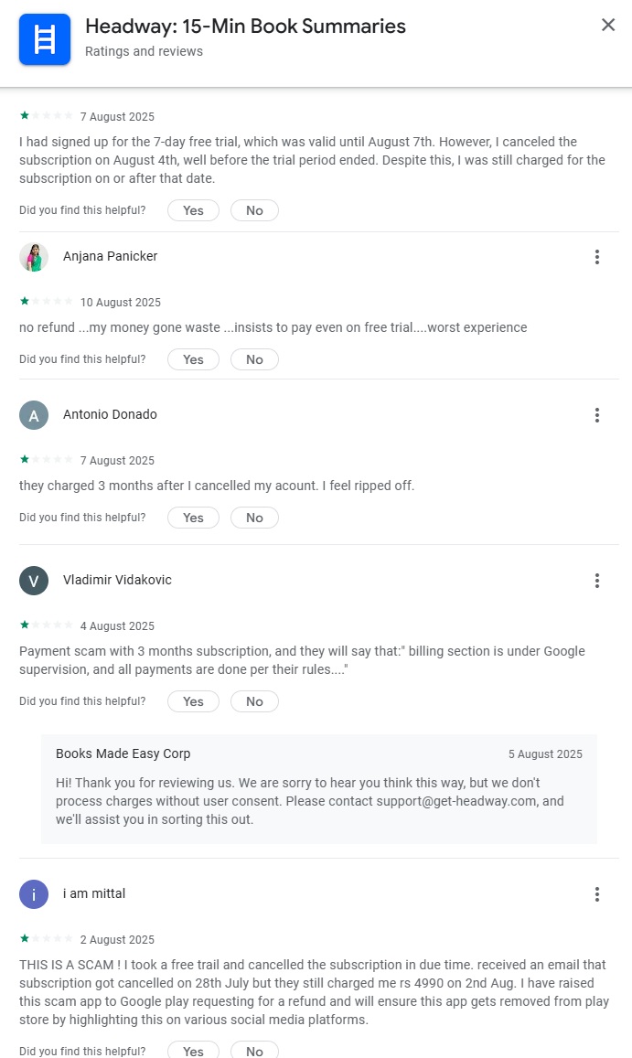 Screenshot of a recent 1-star review of the Headway book summary app from Google Play.