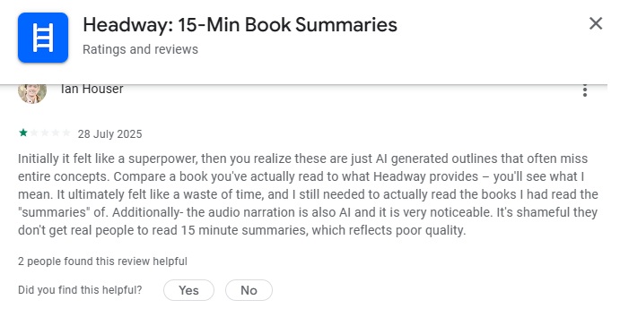 User review explaining that Headway book summaries are AI generated and often miss important concepts, and that AI audio narration is poor quality.